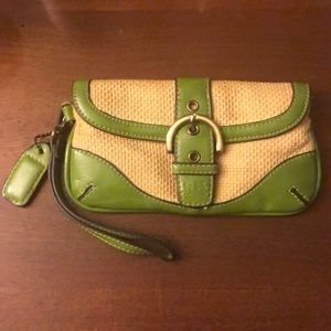 Green leather and tan straw small Coach wristlet